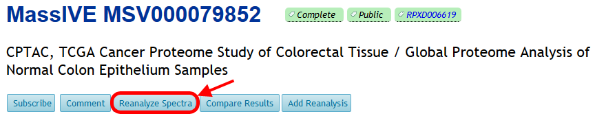 Image showing reanalyze button for MassIVE